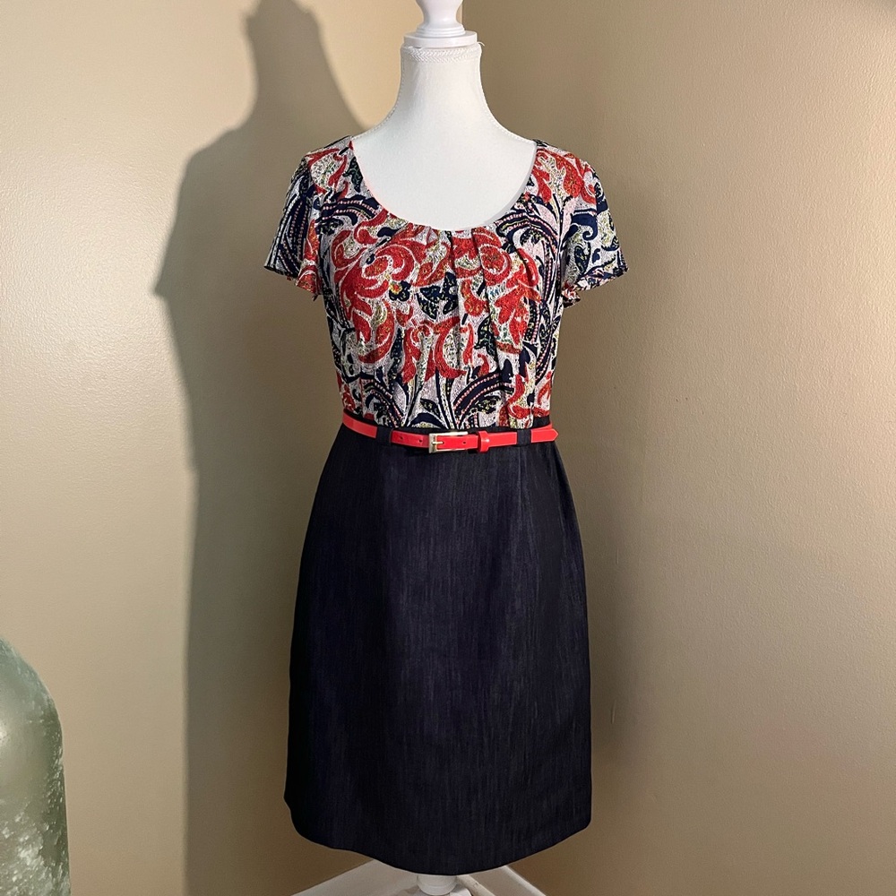 ALYX Dress Paisley Print & Denim Dress Cap Sleeve Size 6 Belted Red‎ Orange Blue